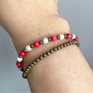 Red White Beaded Double Strand Bracelet / Anklet - 8" long